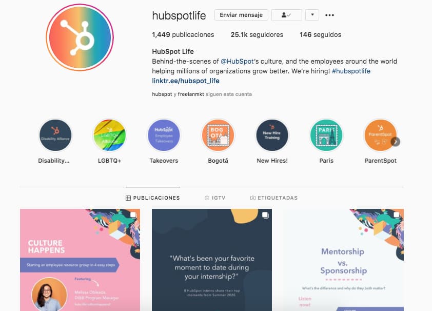 HubSpot Life en Instagram, cuenta dentro de la estrategia de redes sociales B2B
